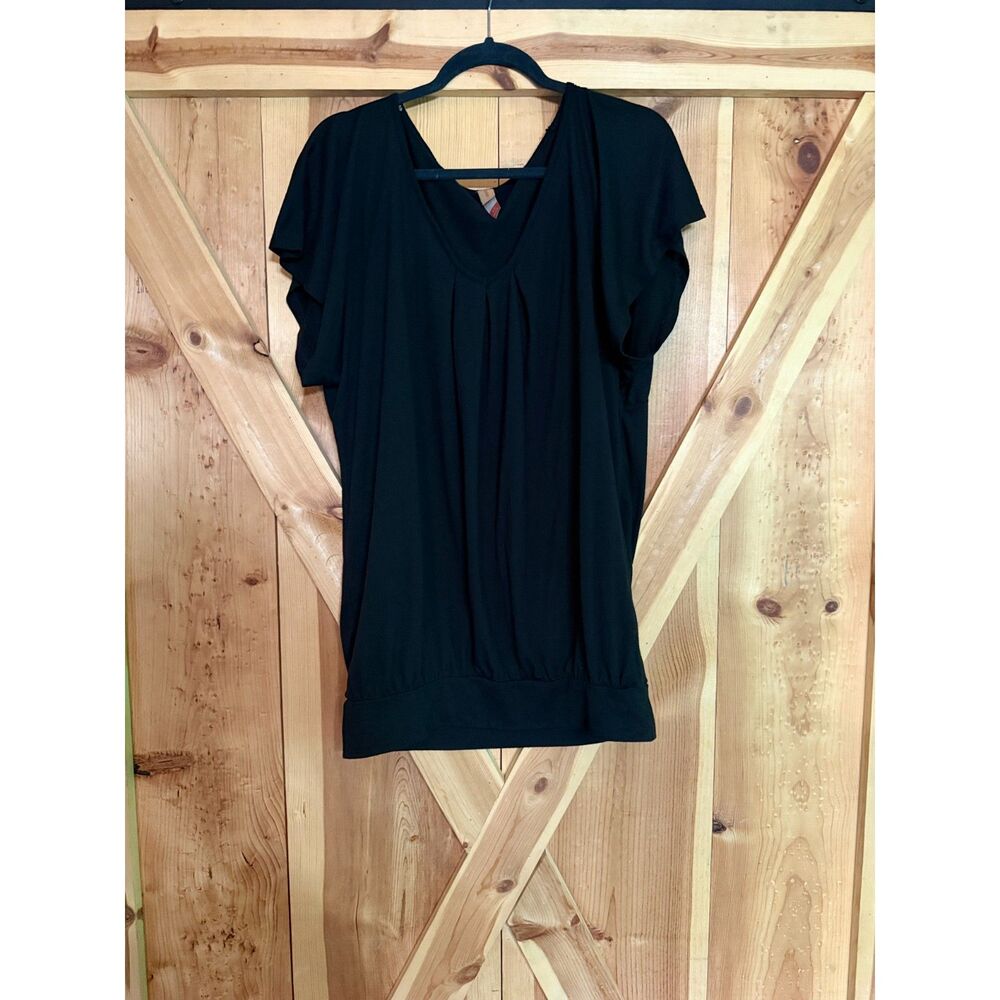 Y2K Black Banded Hem Blouson Top Pleated V-Neck Flutter Sleeve Large Witchy Boho